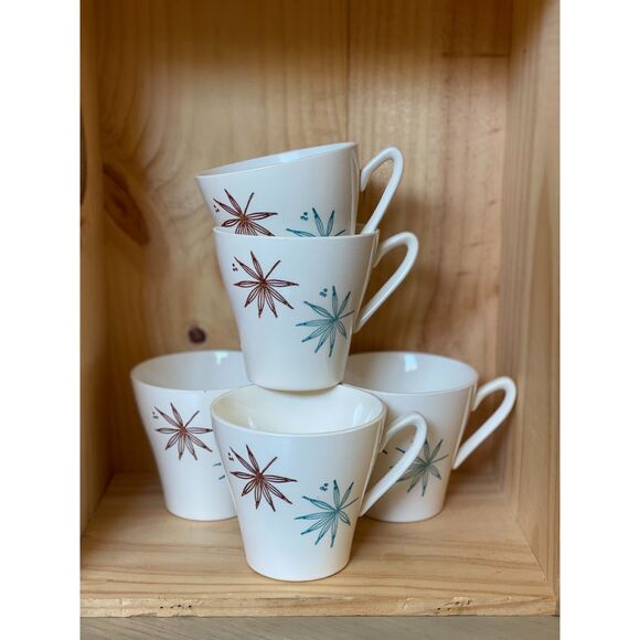 5 VTG MCM Mid Century Modern Cream Coffee Cups Brown Blue Leafs Made in the USA